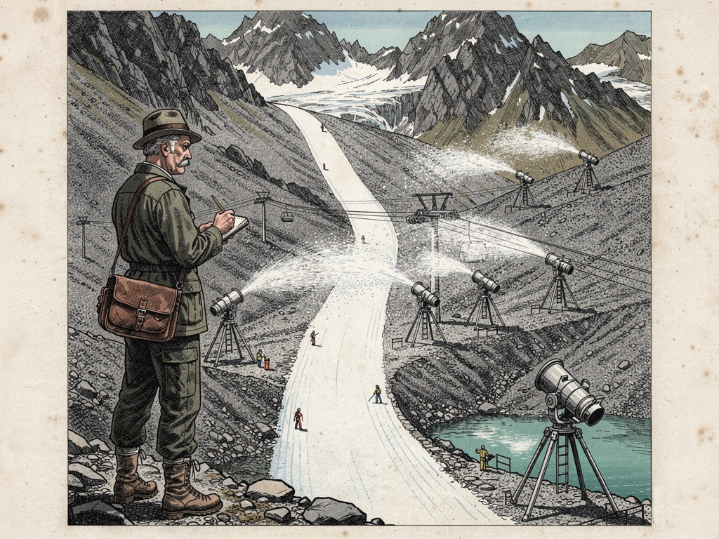 Gravure : un homme en chapeau prend des notes au bord d’une piste blanche qui descend d’un glacier entre des éboulis, bordée de canons à neige.